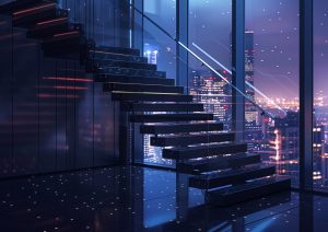Elevated view of a jet black floating staircase in a penthouse, overlooking a city lit by night.