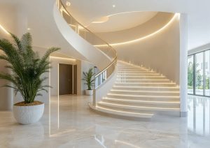 Elegant spiral staircase with marble steps and glass railing